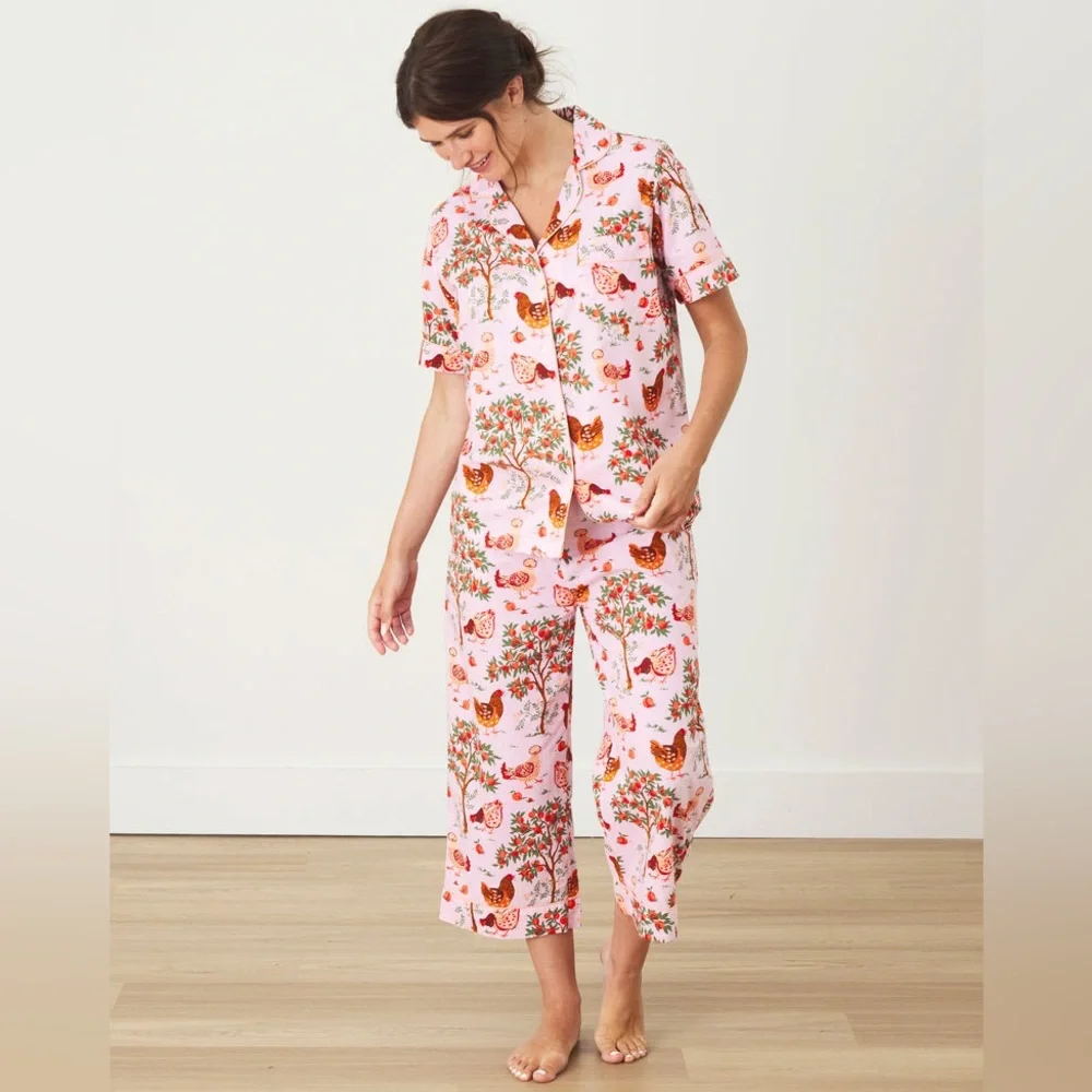 PRINTFRESH 100% Organic Cotton Top & Cropped Pants Hen House Ballet Pink XXS GUC - Picture 5 of 14